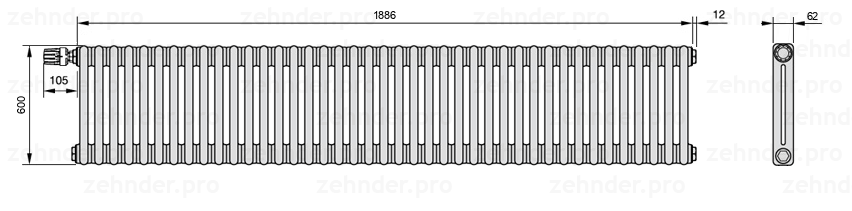 Схема (чертеж) Радиатор Zehnder Charleston 2060/41 №V012 Белый глянцевый RAL 9016